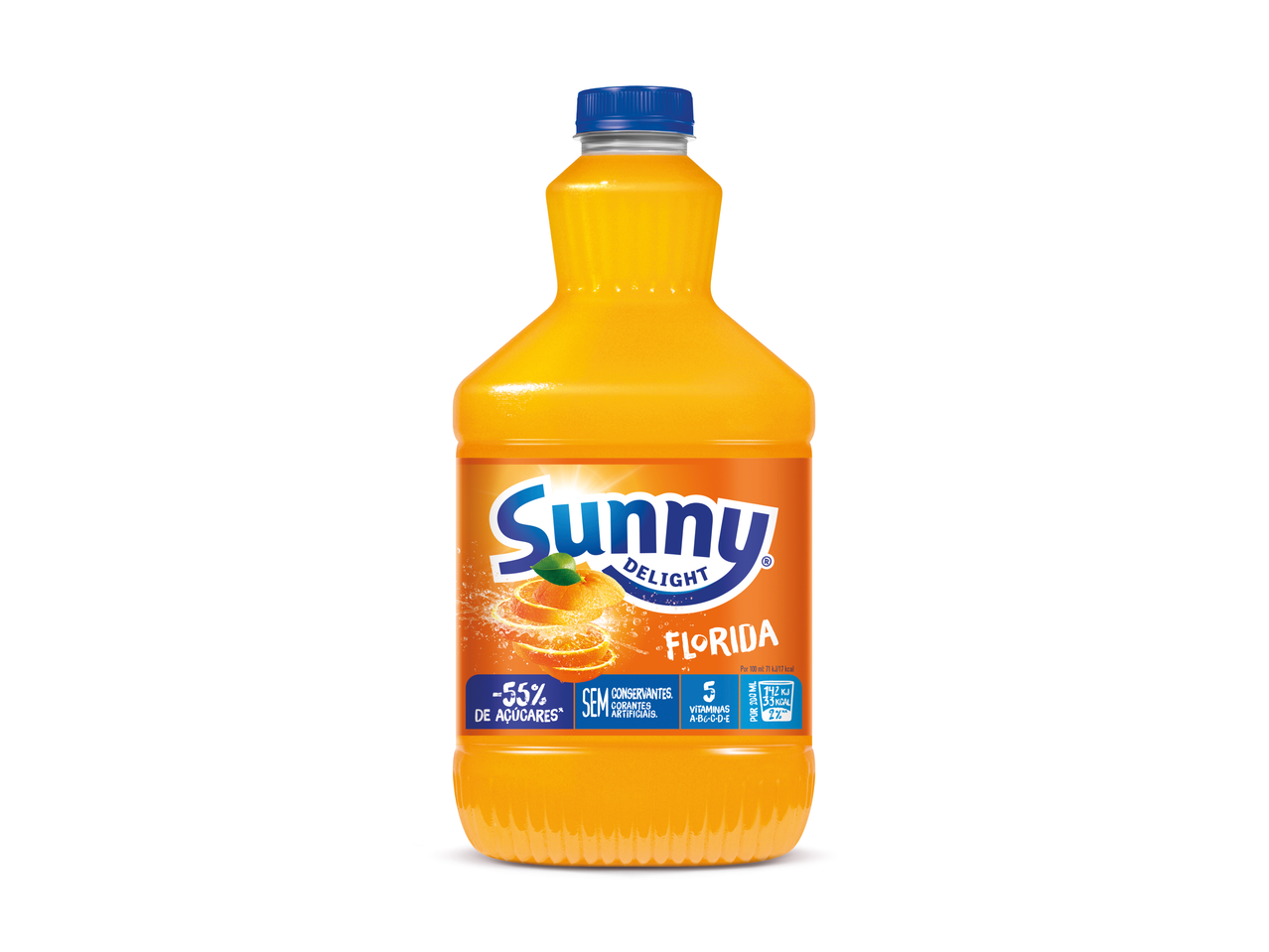 Suco de laranja Sunny Delight Florida em garrafa de plástico.