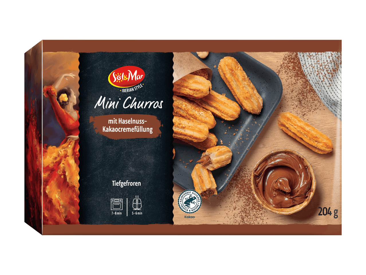 Packung Mini Churros mit Haselnuss-Kakaocremefüllung, tiefgefroren, mit Zubereitungsanleitung und Rainforest Alliance Kakao-Siegel.