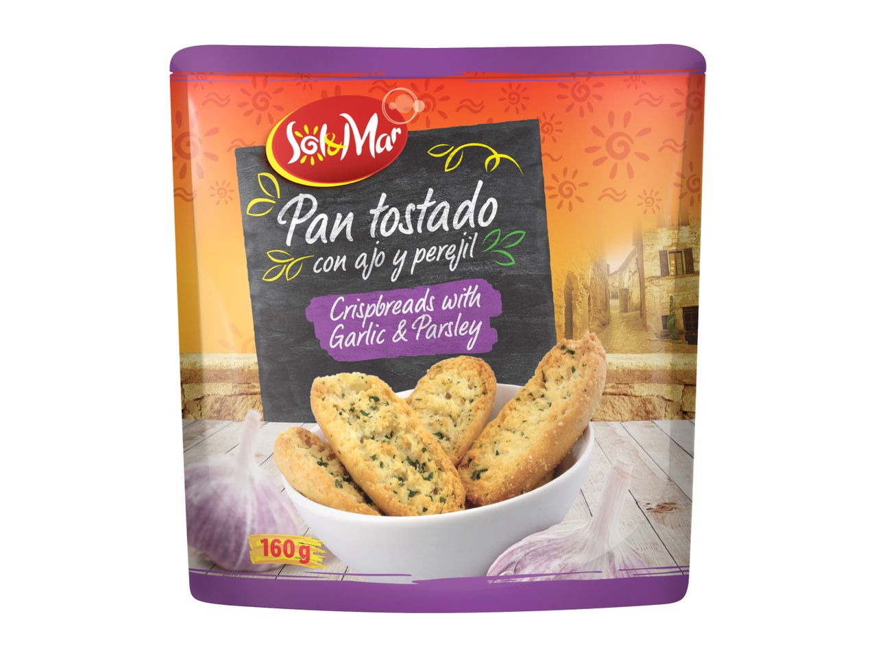 Crispbreads with garlic and parsley in a bag, with a rustic background and garlic cloves.