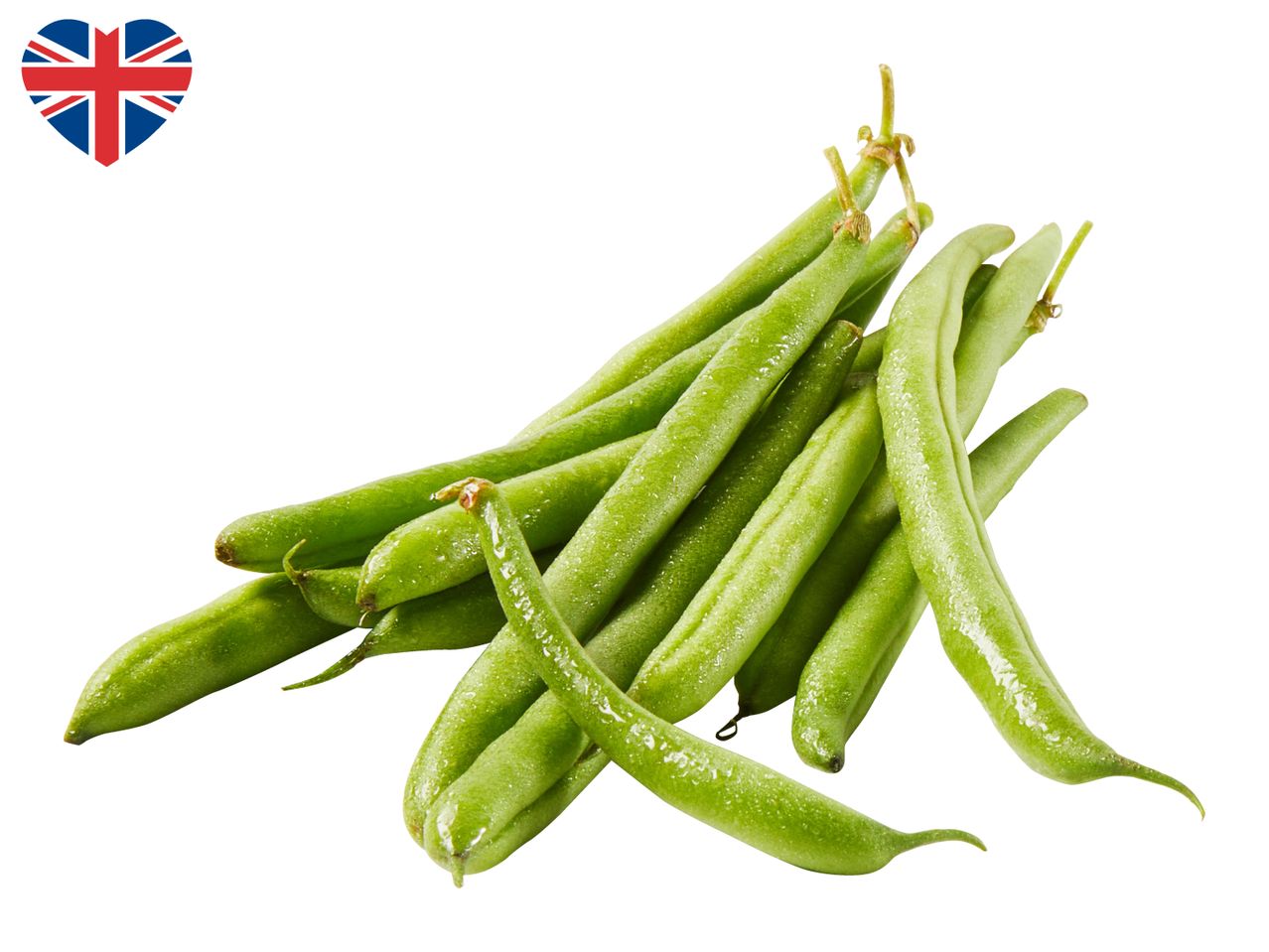 Fresh green beans with water droplets, and a heart-shaped Union Jack flag.