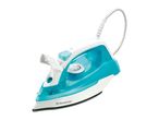 White and turquoise steam iron with a patterned power cord.
