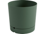 Dark green cylindrical planter for plants.