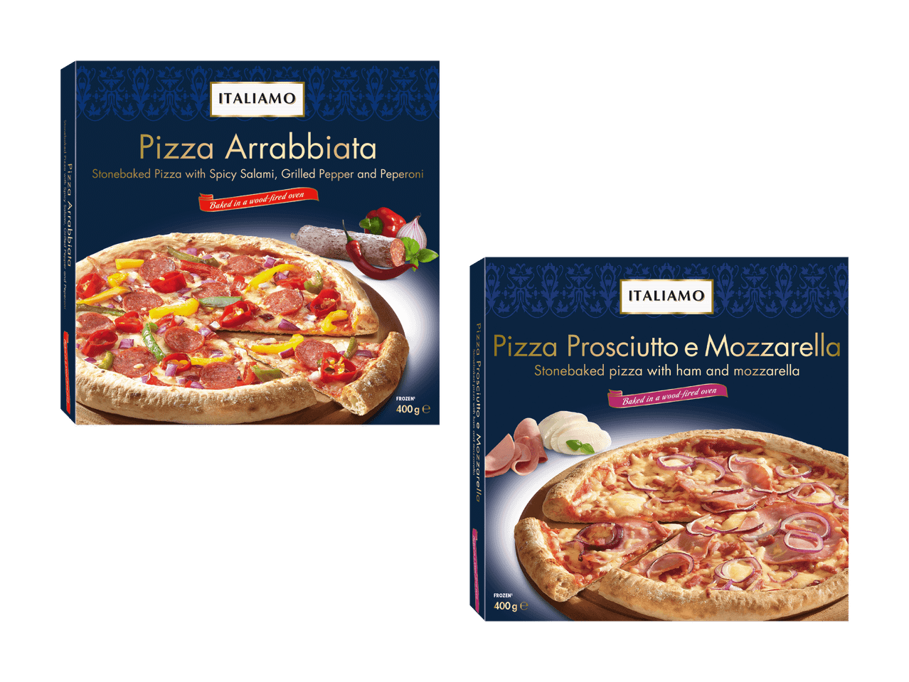 Due confezioni di pizza surgelata, una pizza arrabbiata e una pizza prosciutto e mozzarella.