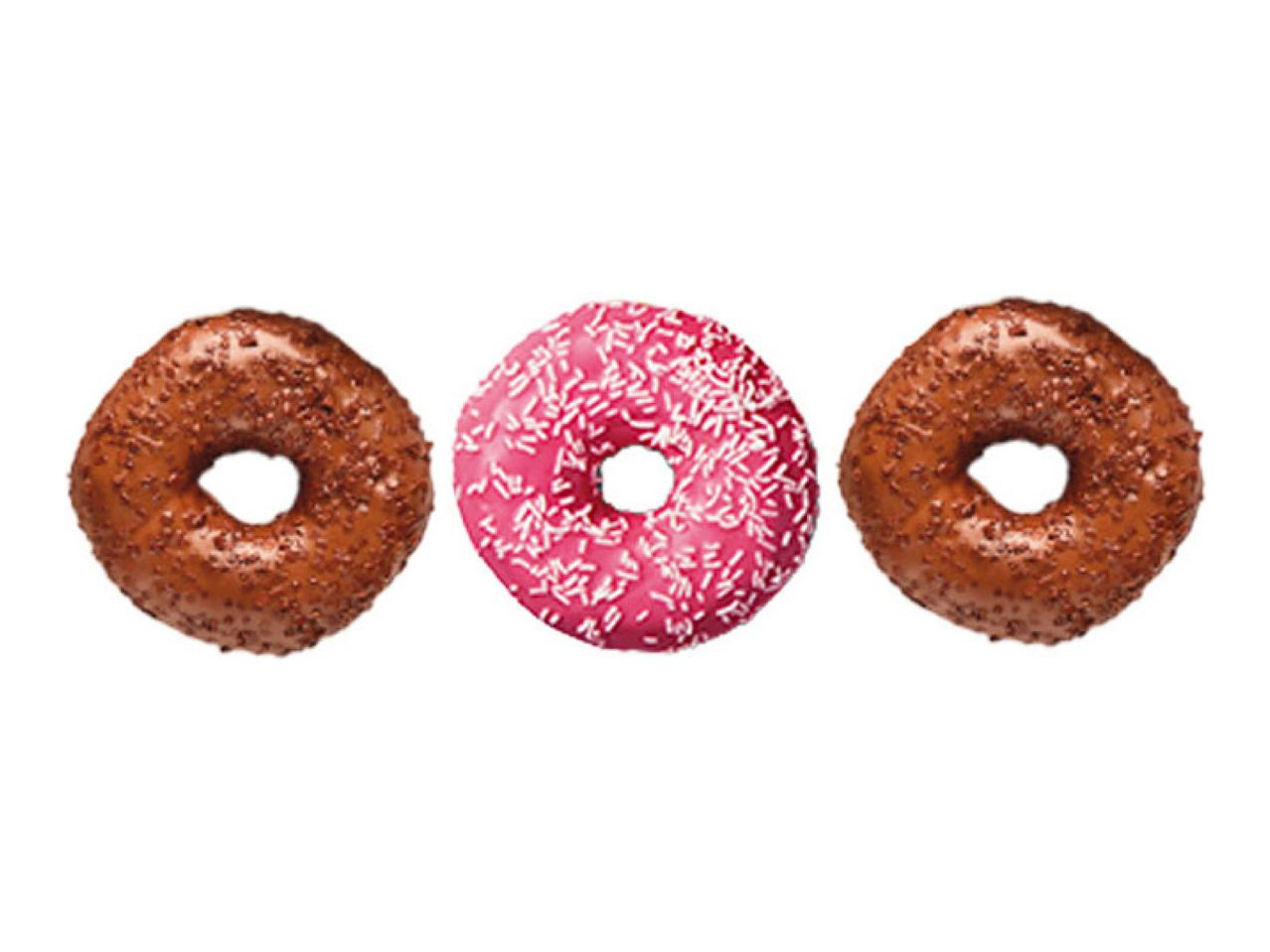 Three donuts, two chocolate with sprinkles and one pink with white sprinkles.