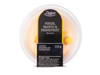 Bavarois met perzik, mango en passievrucht in een transparante verpakking, 110 g.