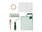 Kit de pintura com plástico protetor, fita adesiva, rolo, grelha e pincel.