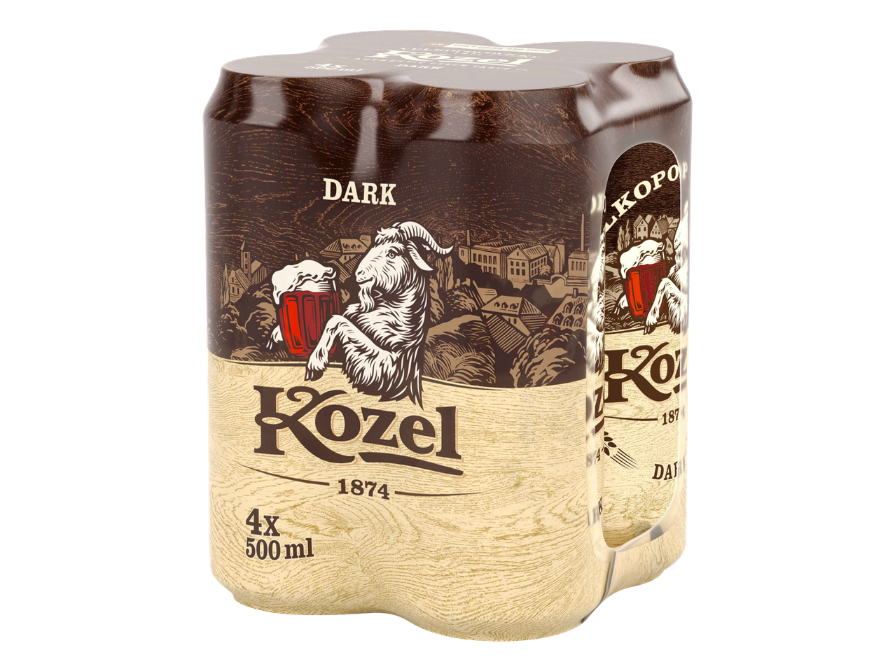 Pakiranje od četiri tamna piva s kozom koja drži kriglu piva, s natpisom 'DARK' i '4x 500 ml'.