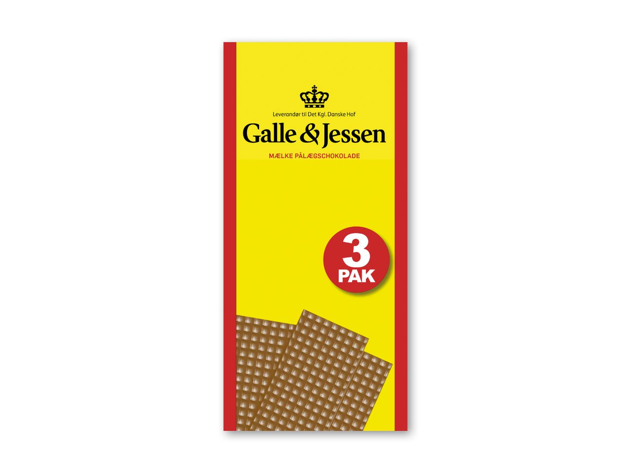Gul og rød emballage til mælkechokolade med teksten '3 PAK' og et billede af chokoladeplader.