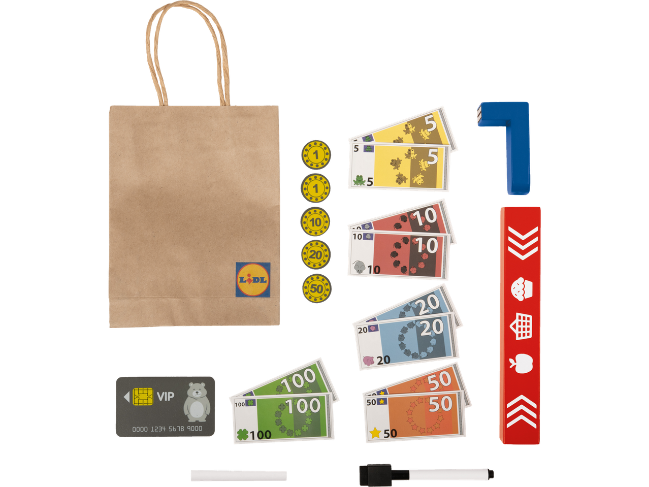 Playtive Wooden Lidl Supermarket toy set with a paper bag, play money, coins, and a VIP card.
