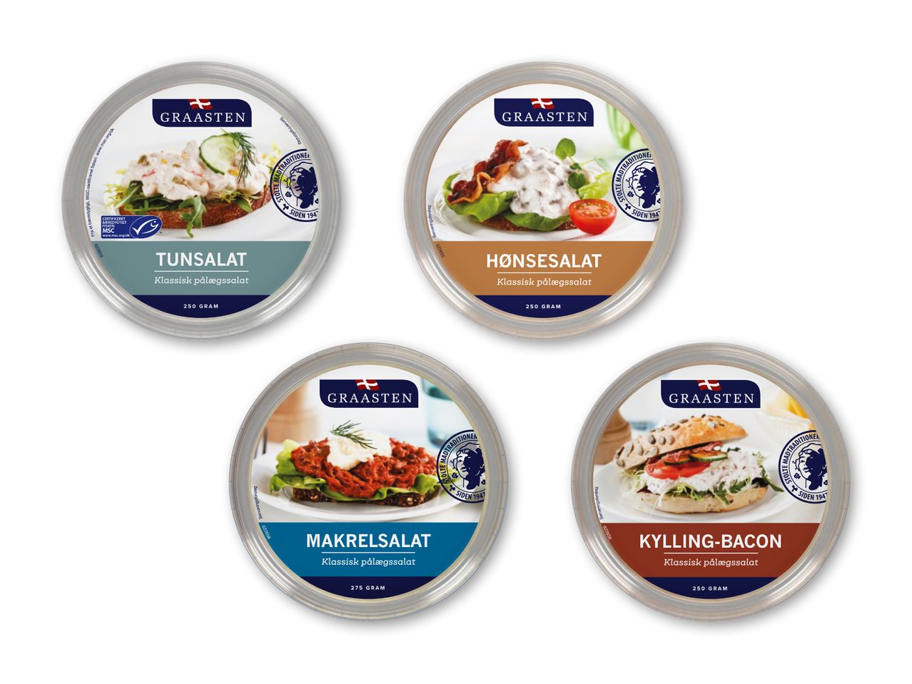 Graasten pålægssalater: tun, hønse, makrel og kylling-bacon.