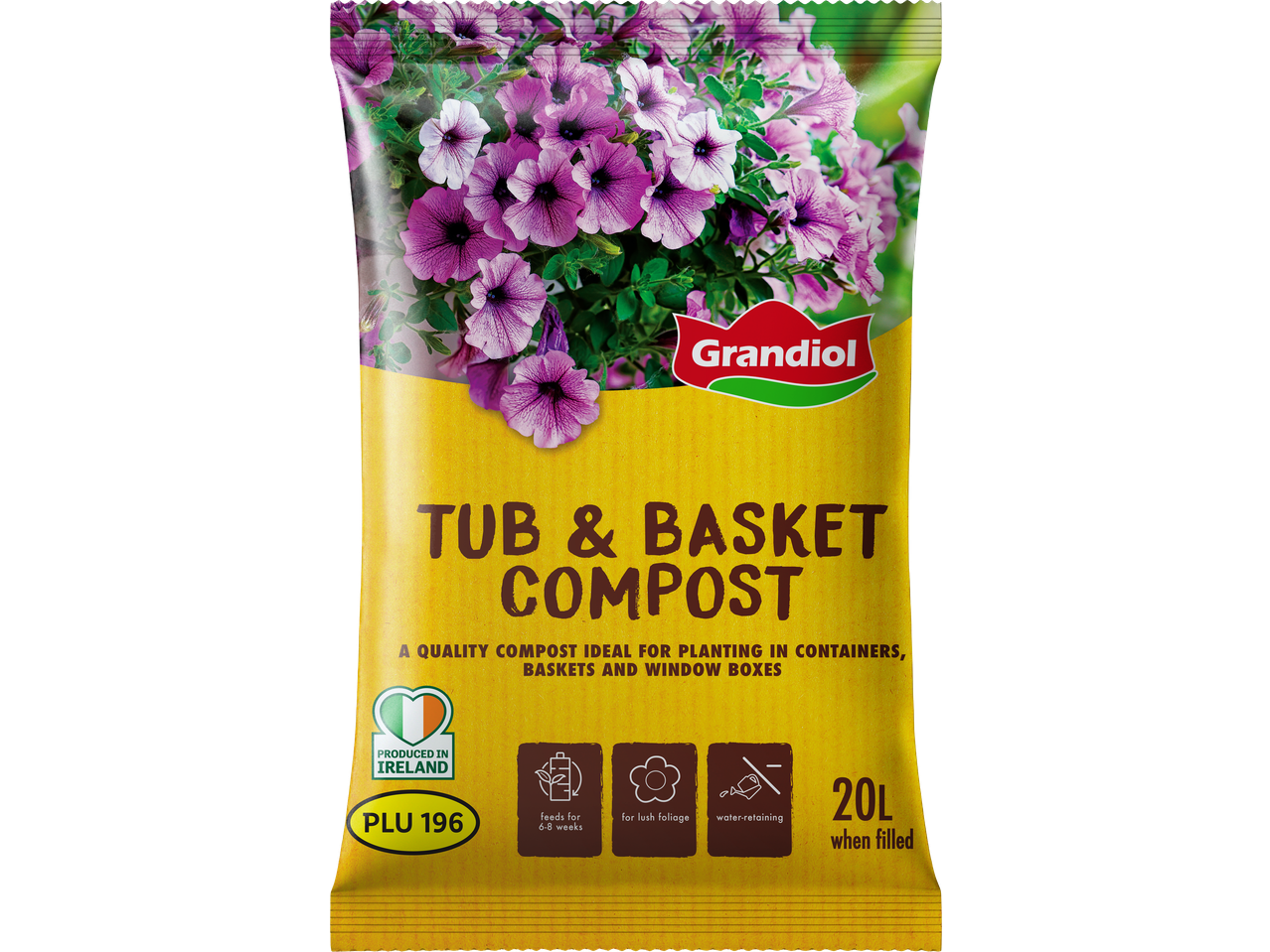 Tub & Basket Compost bag with purple flowers, ideal for containers and window boxes.