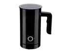 Black milk frother with a transparent lid and control buttons on the front.