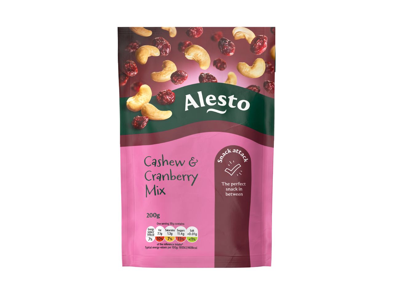 Cashew and cranberry mix in a pink and green pouch, with nutritional information.