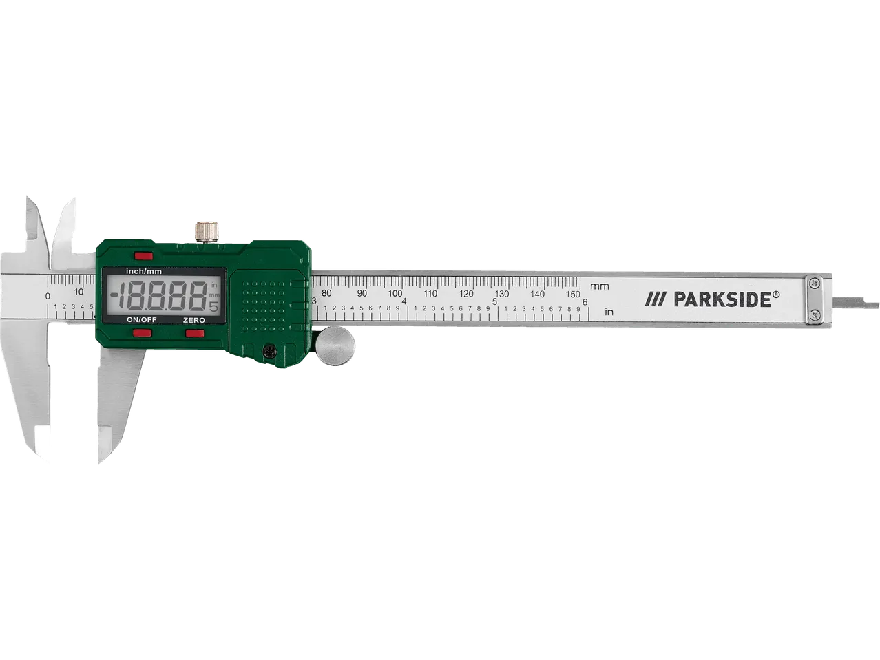 Digitalno merilo Parkside z LCD zaslonom in meritvami v palcih/mm.