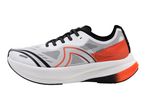White and orange running shoe with black laces and sole.