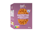 Boîte de gaufrettes apéritives oignon et cheddar, avec Nutri-Score A et la mention 'farine de blé origine France'.