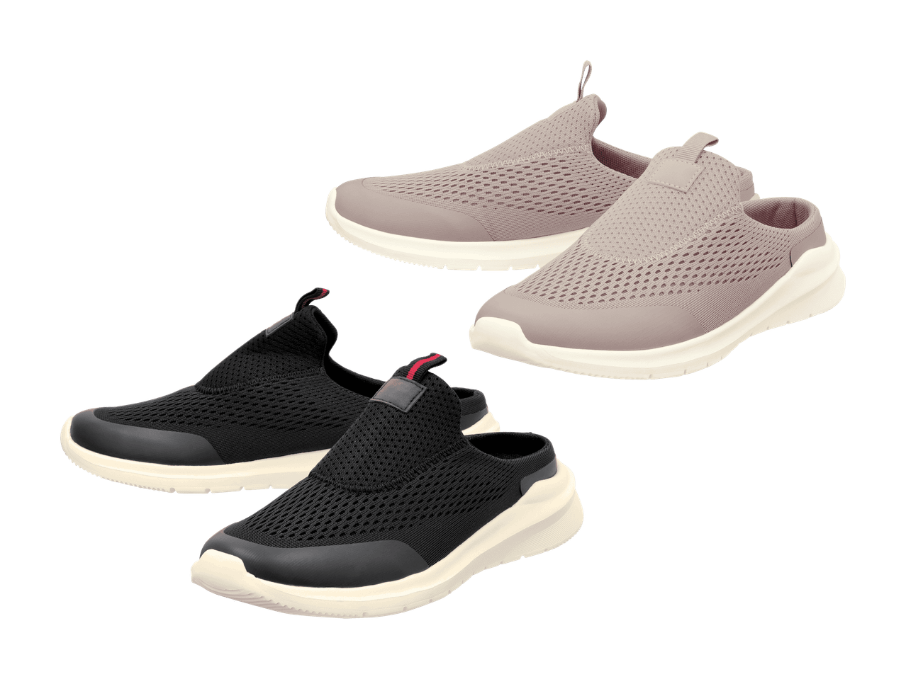 Deux paires de chaussures slip-on en maille, une gris clair et une noire, sur fond noir.