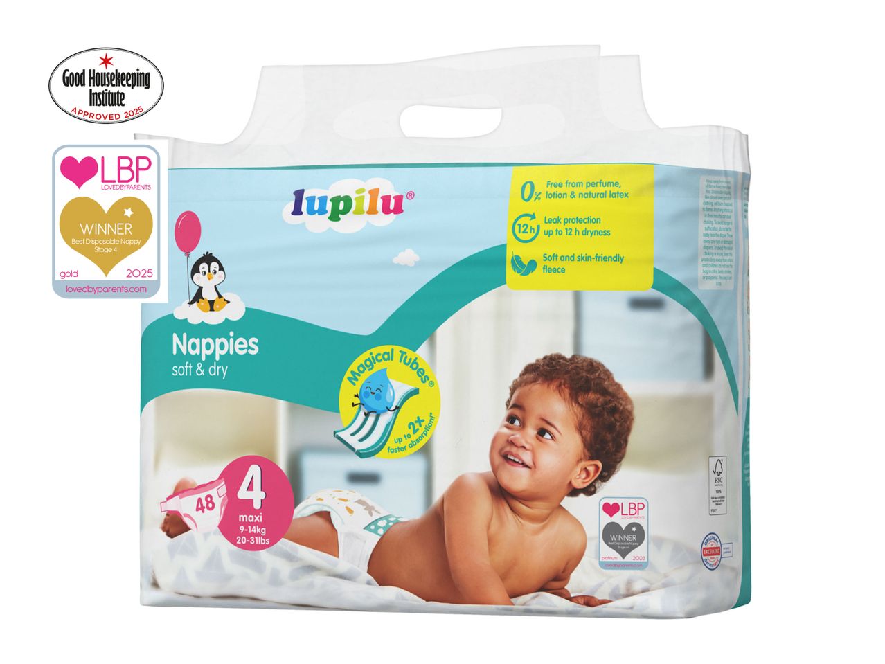 A package of Yogie baby diapers featuring a smiling baby.