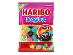 Roze zak met zachte, vegetarische snoepjes in verschillende kleuren, met de tekst 'Share Size' en 'Soft'.