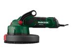 A green and black Parkside power tool with a brush attachment.