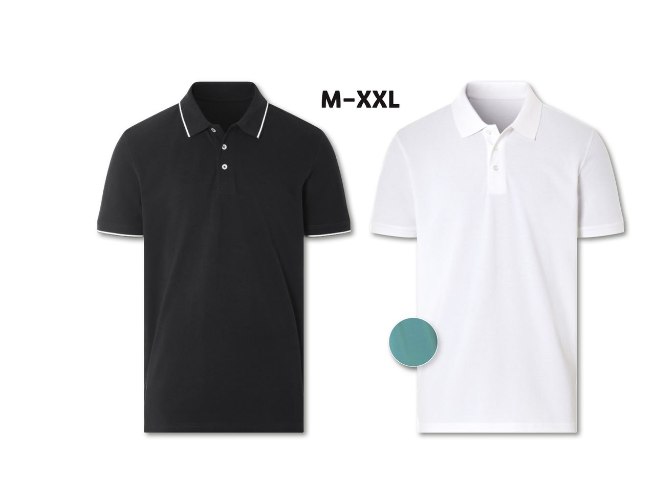 Kaks meeste polosärki: must ja valge, suurused M-XXL.