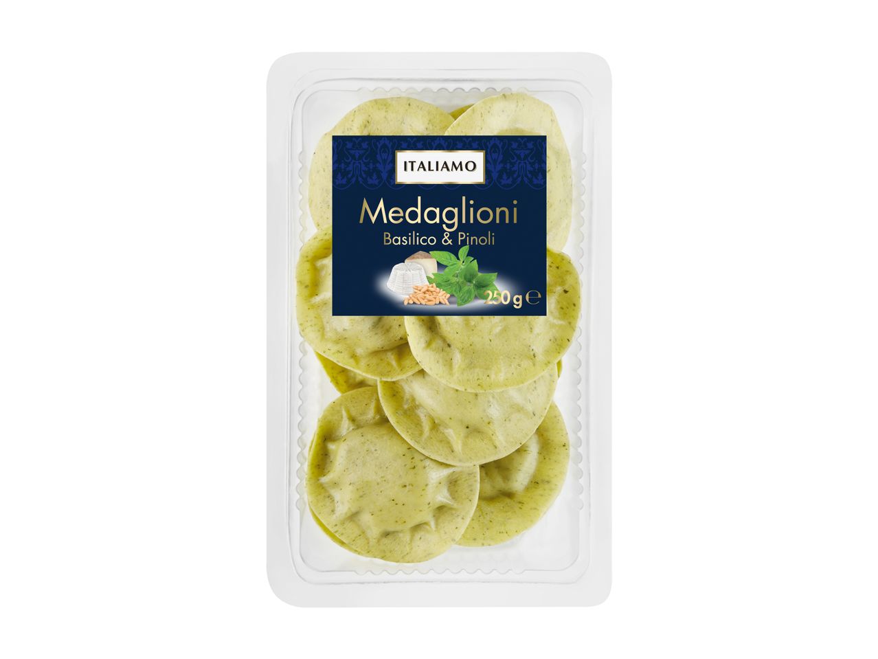 Medaglioni di pasta fresca Italiamo al basilico e pinoli, 250g.