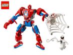 Red and blue robot with a spider emblem, holding a white web, next to a white minifigure.