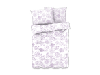 Lila Bettwäsche mit Blumenmuster, bestehend aus Bettbezug und zwei Kissenbezügen.