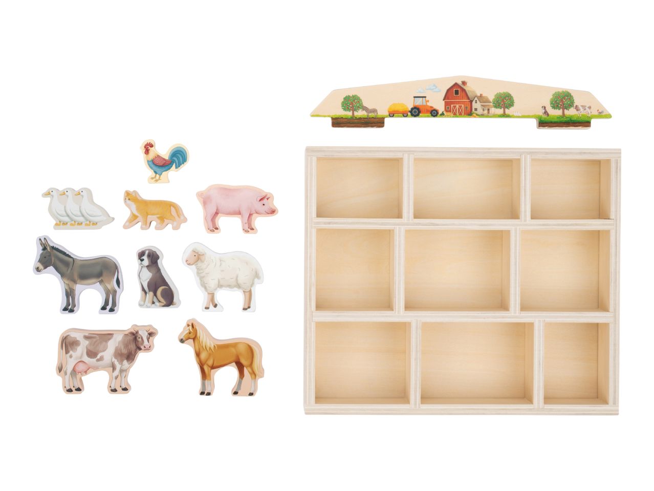 Wooden farm animal figures and a wooden shelf with a farm-themed top panel.