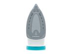 Bottom view of a steam iron with a ceramic-coated soleplate and turquoise base.