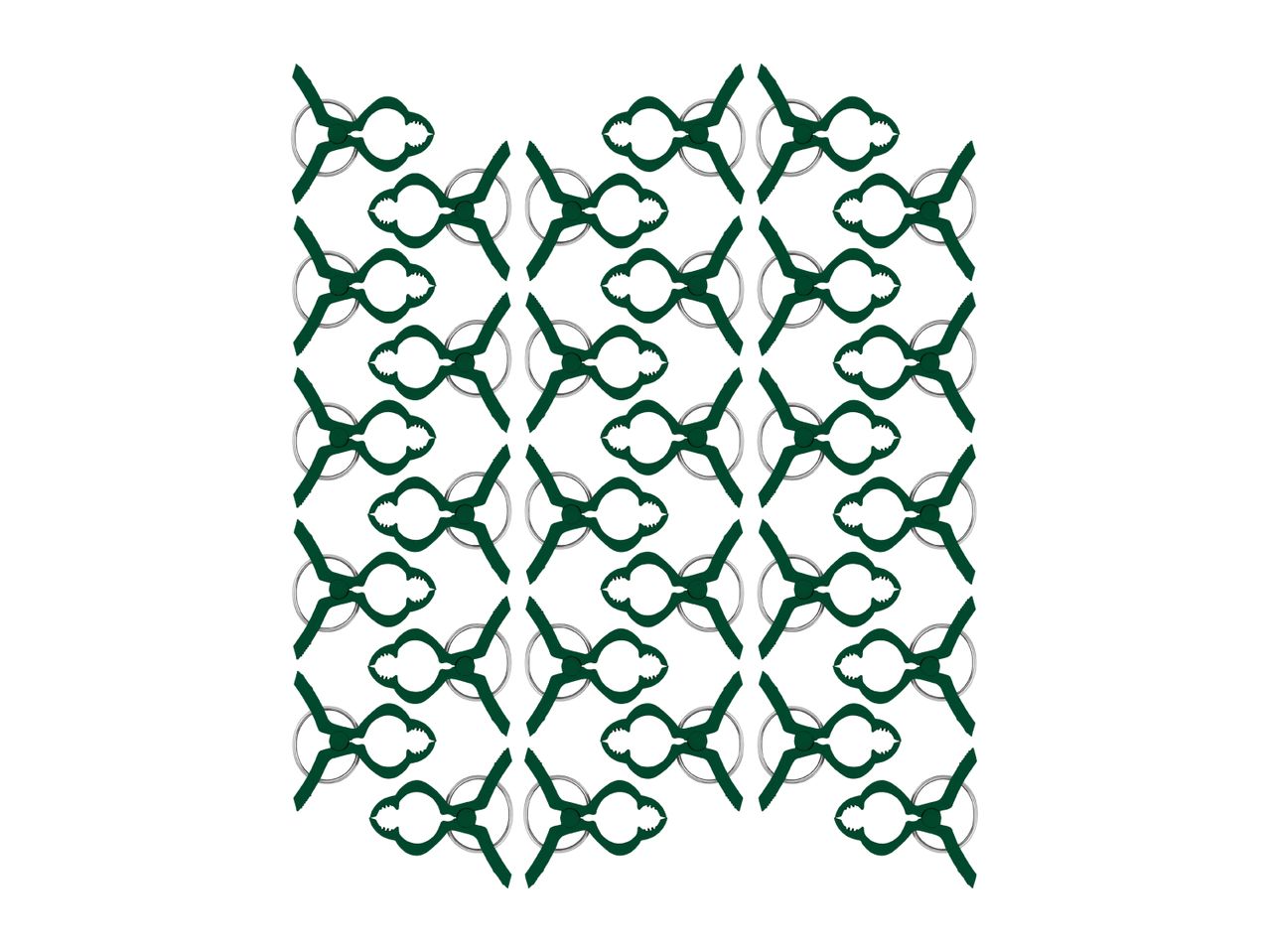 Green plant clips with metal rings arranged in a pattern on a white background.