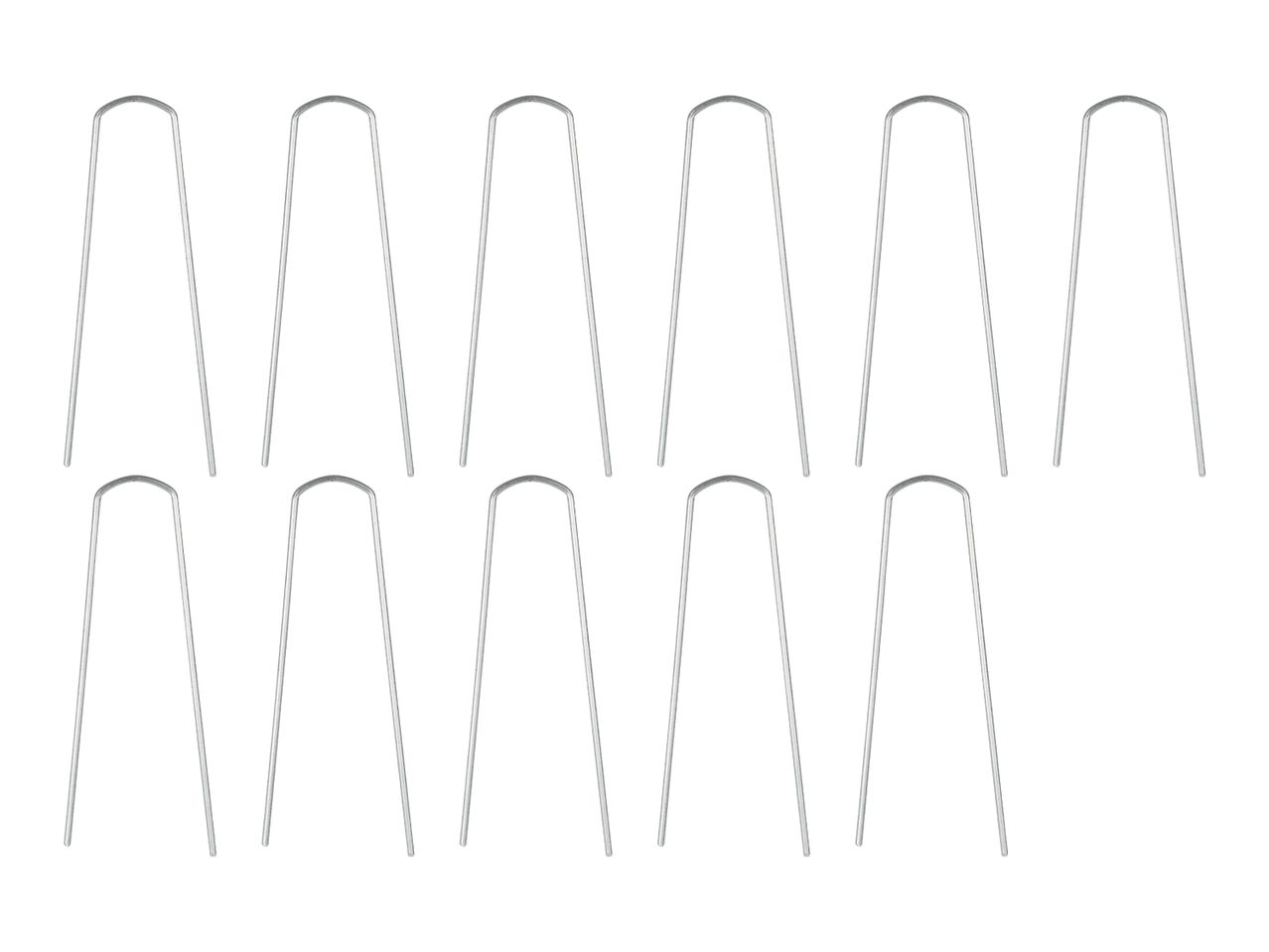 A set of metal U-shaped garden staples for securing landscape fabric or netting.