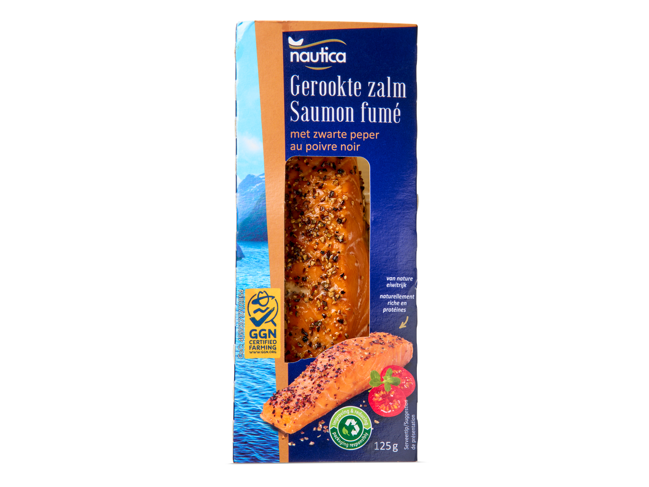 Nautica gerookte zalm met zwarte peper, 125g.