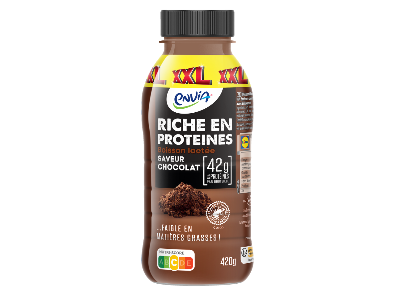 Boisson Envia XXL riche en protéines, saveur chocolat, 420g.