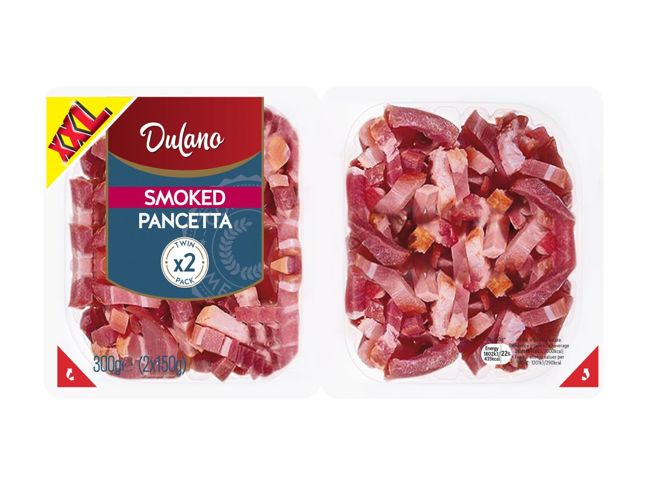 Two packs of smoked pancetta cubes, one with a label indicating a twin pack and XXL size.
