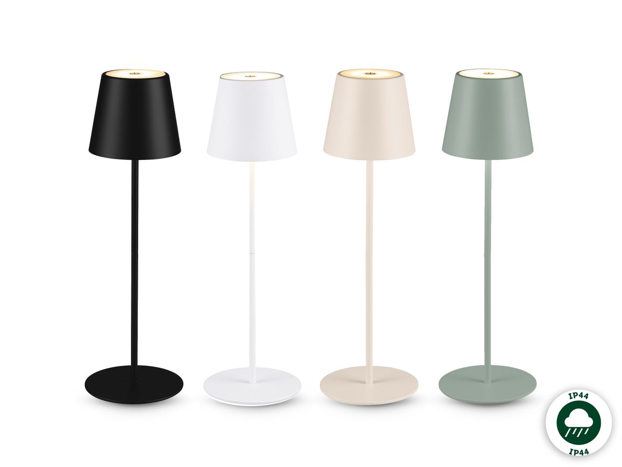 Četiri moderne stolne lampe u crnoj, bijeloj, bež i zelenoj boji.