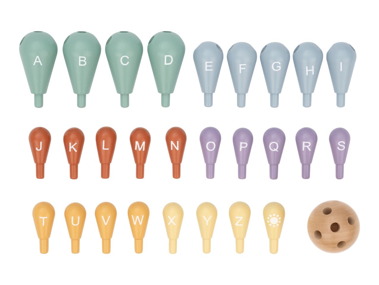 Colorful wooden alphabet pegs from A to Z, with a wooden ball, for learning and play.