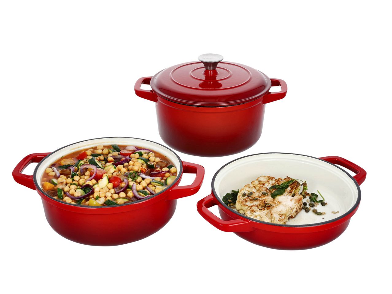 Three red enameled cast iron casserole dish, two filled with food, on a white background.