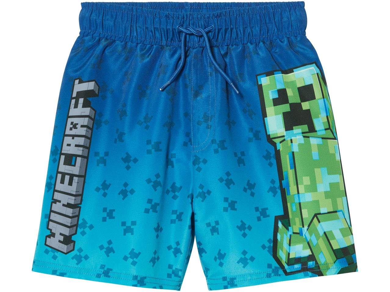 Minecraft boys' swim trunks in blue with Creeper design.