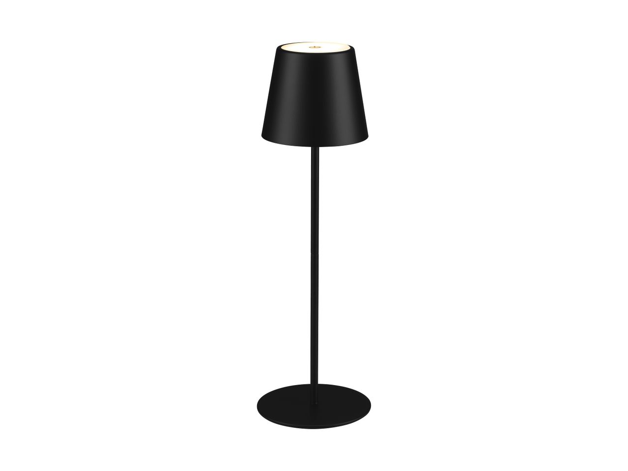 Sort gulvlampe med en opadvendt lyskilde og en rund base.