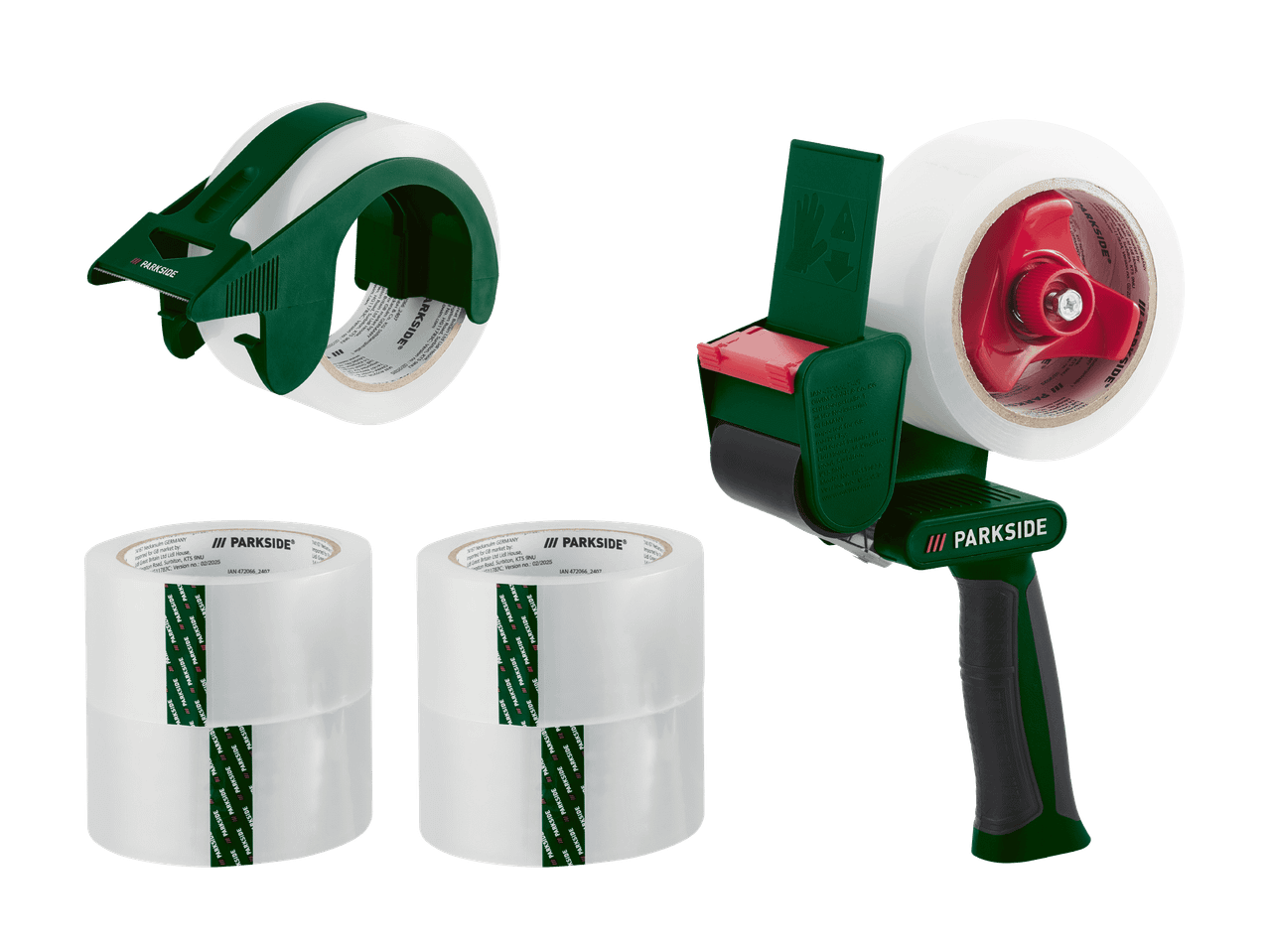 Parkside Paketbandabroller und zwei Rollen Paketband.