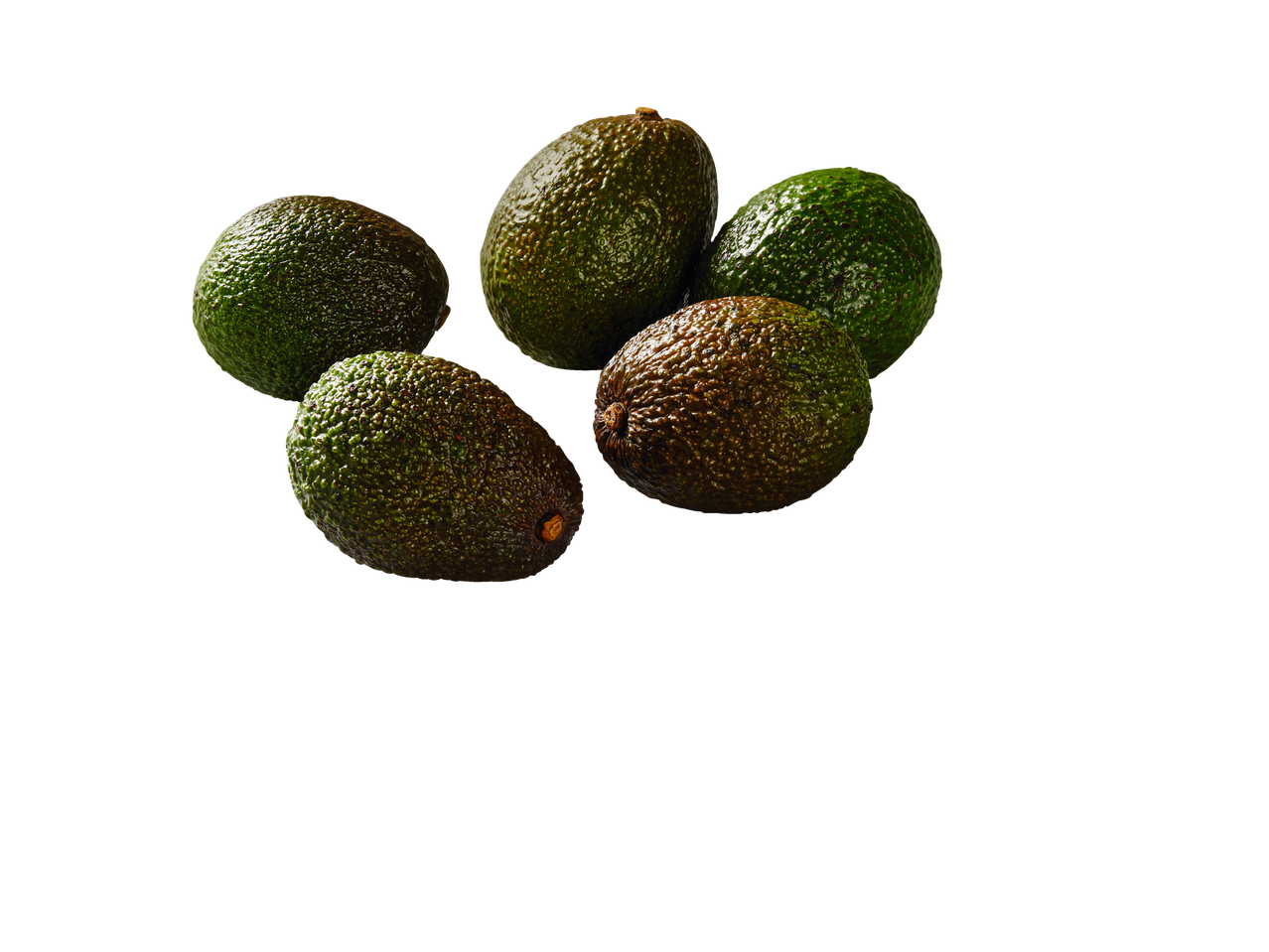 Penki prinokę avokadai juodame fone.