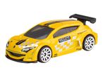 A yellow Hot Wheels Renault Megane Trophy race car toy.
