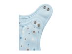 Close-up of a light blue baby bodysuit with colorful polka dots and snap fasteners