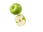 Maçã Granny Smith verde inteira e meia maçã com gotas de água