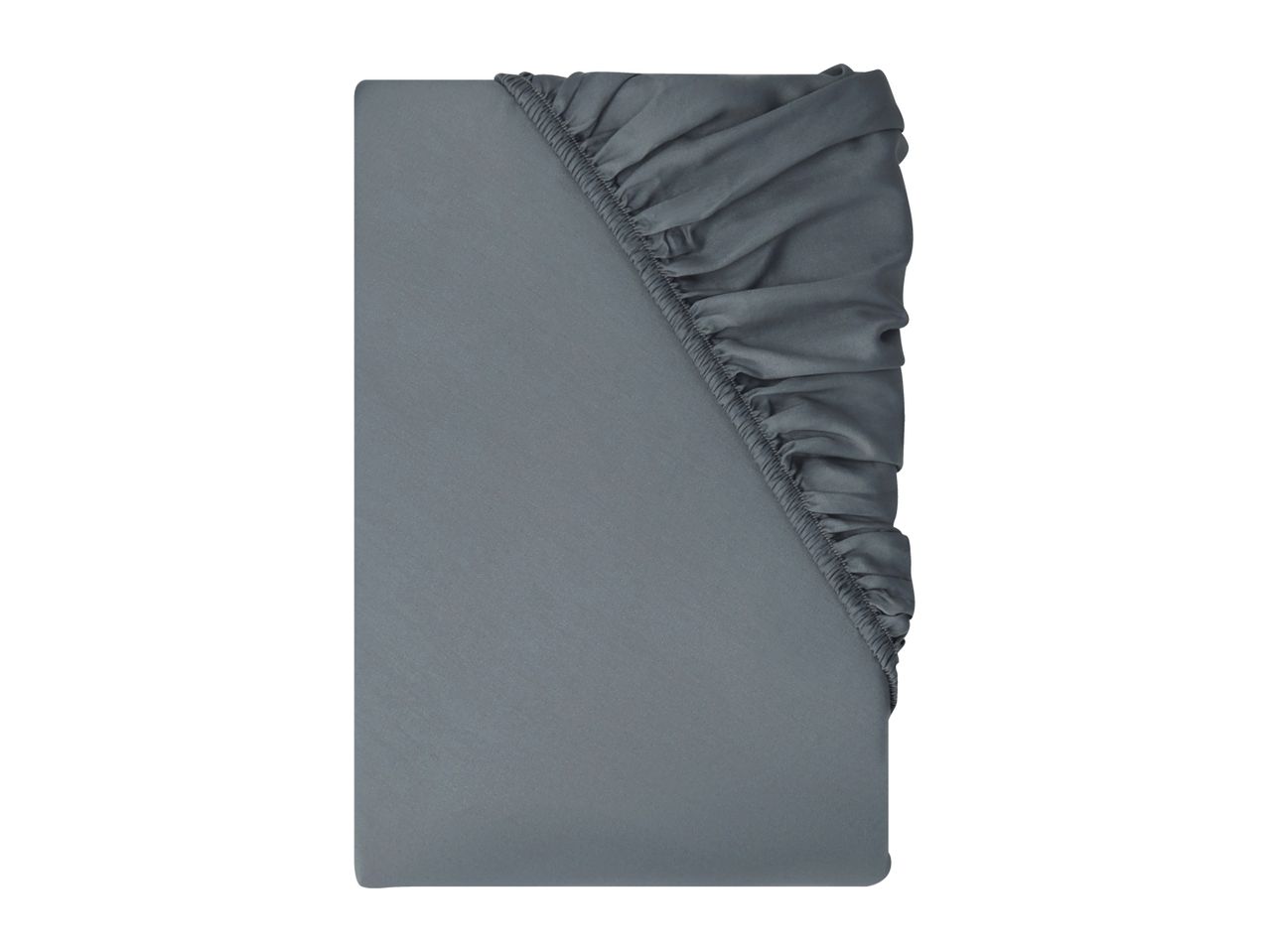 A folded grey fitted sheet with elasticated corners, viewed from above.