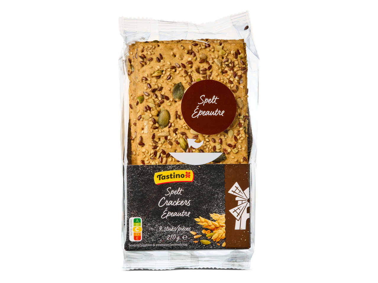 Tastino spelt crackers met verschillende zaden.