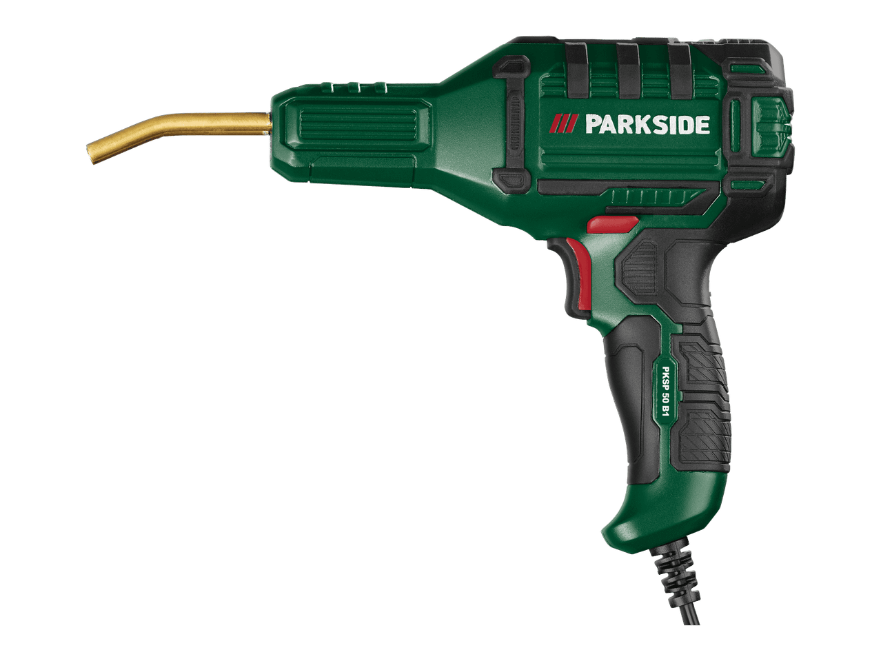 Vihreä juotin, jossa on musta kahva ja messinkikärki.