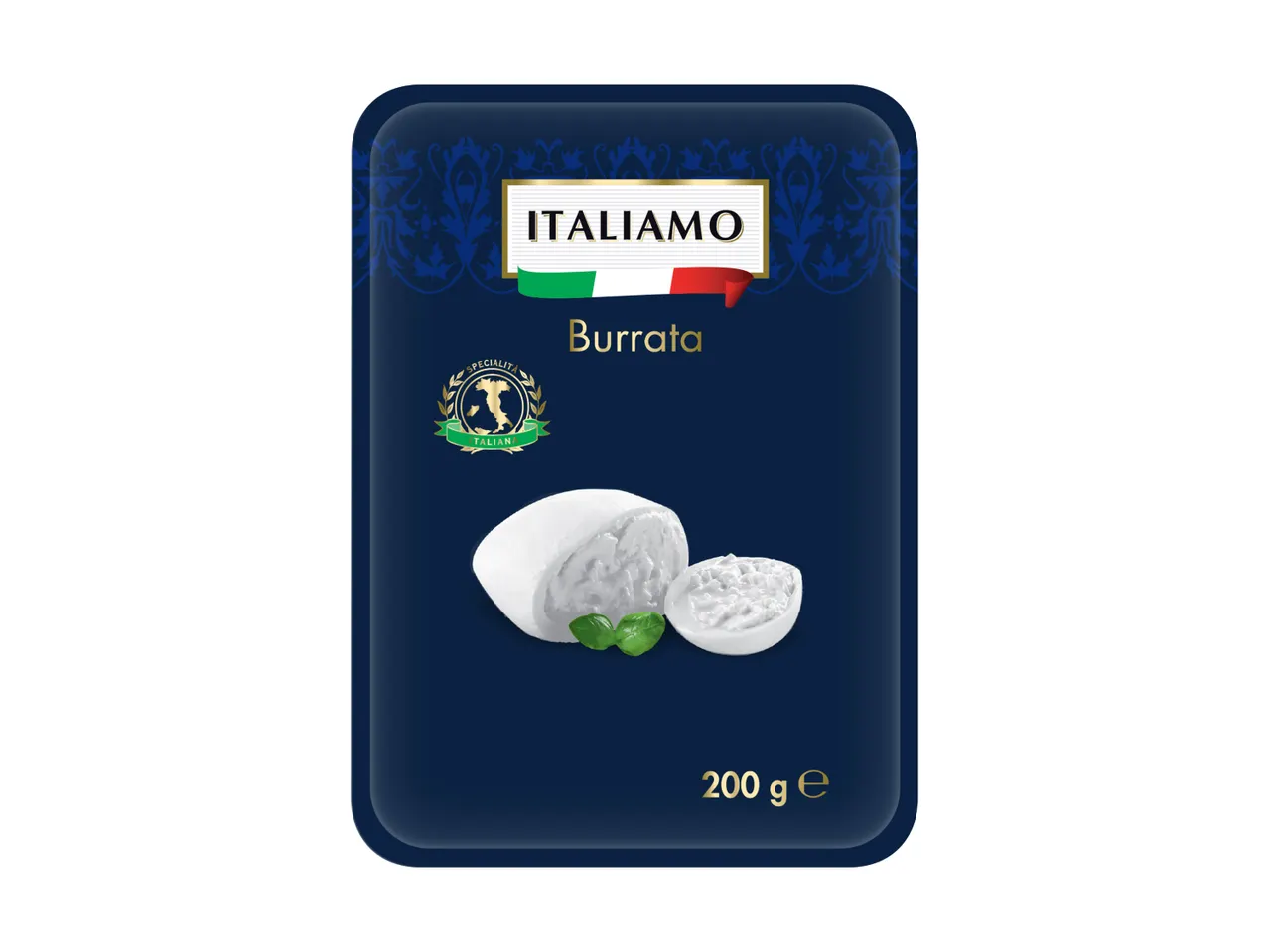 Dark blue packaging for burrata cheese, showing whole and cut burrata with basil leaves, 200g.