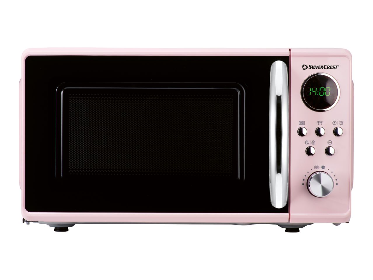 Pink SilverCrest microwave oven with a digital display showing 14:00